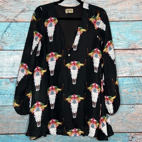 Show Me Your MuMu Tunic Top S Jamie Bull Floral Print Black Button - Picture 1 of 11